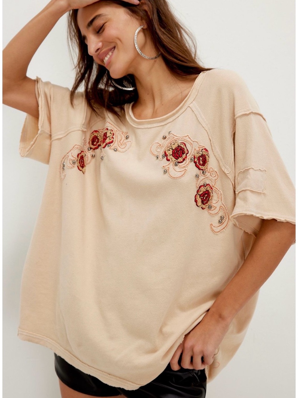 We The Free Free People Harper Tee Studded Rose Small + Charming! NWT